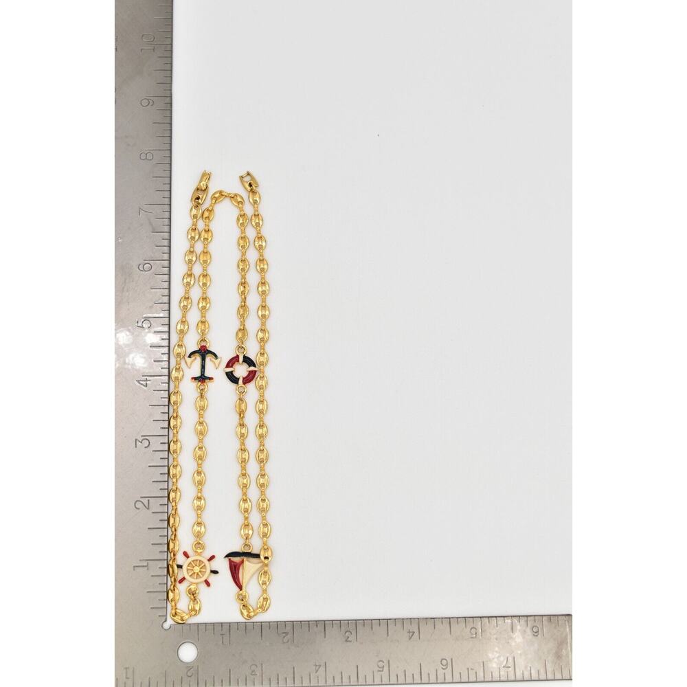 Vintage Mariner Station Chain Necklace Anchor Sail Boat Helm Red Blue Gold BinBC - Picture 12 of 12